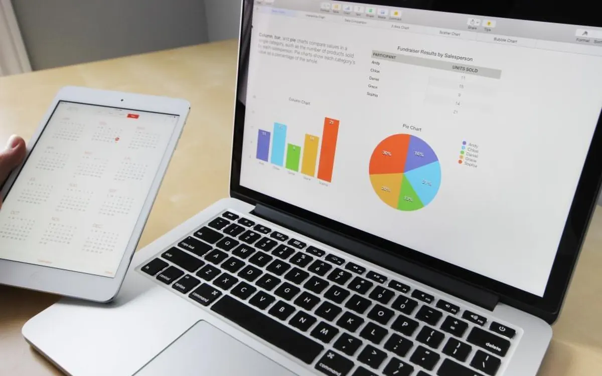 Charts open on a laptop next to a tablet
